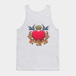 Heart with Crown swallows and rose Wreath Tattoo Tank Top